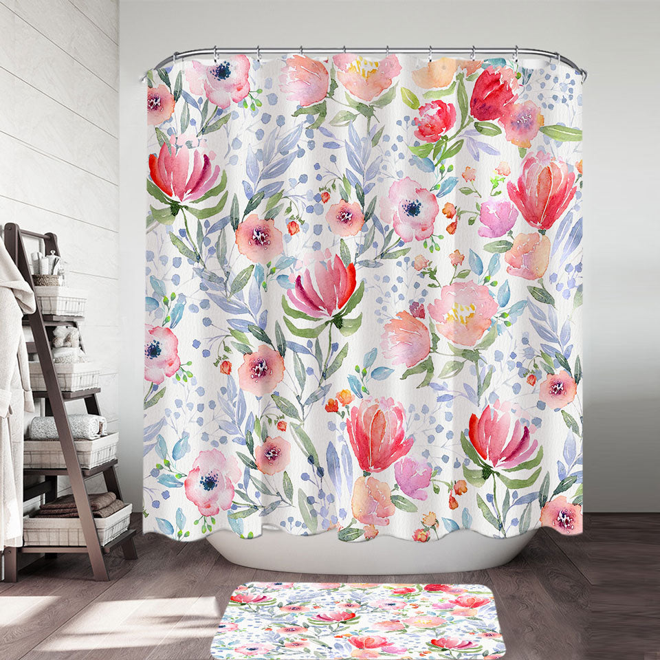 Classic Red Flowers Pretty Shower Curtains and Bathroom Rugs