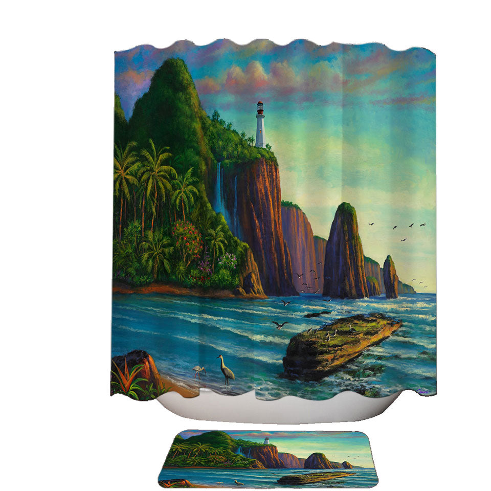 Coastal Art Painting Lighthouse in Paradise Bay Shower Curtain