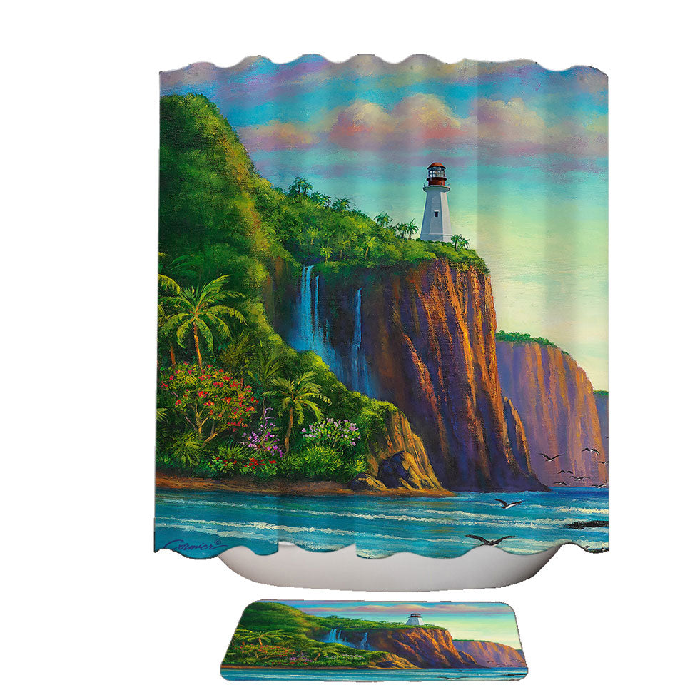 Coastal Art Painting Paradise Lighthouse Shower Curtains