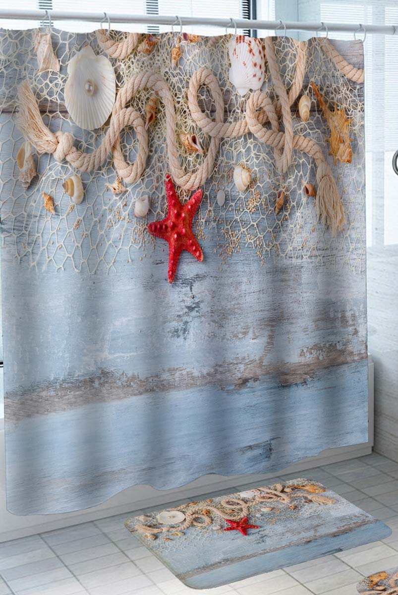Coastal Shower Curtain with Deck Fishnet Pearl Shells and Red Starfish