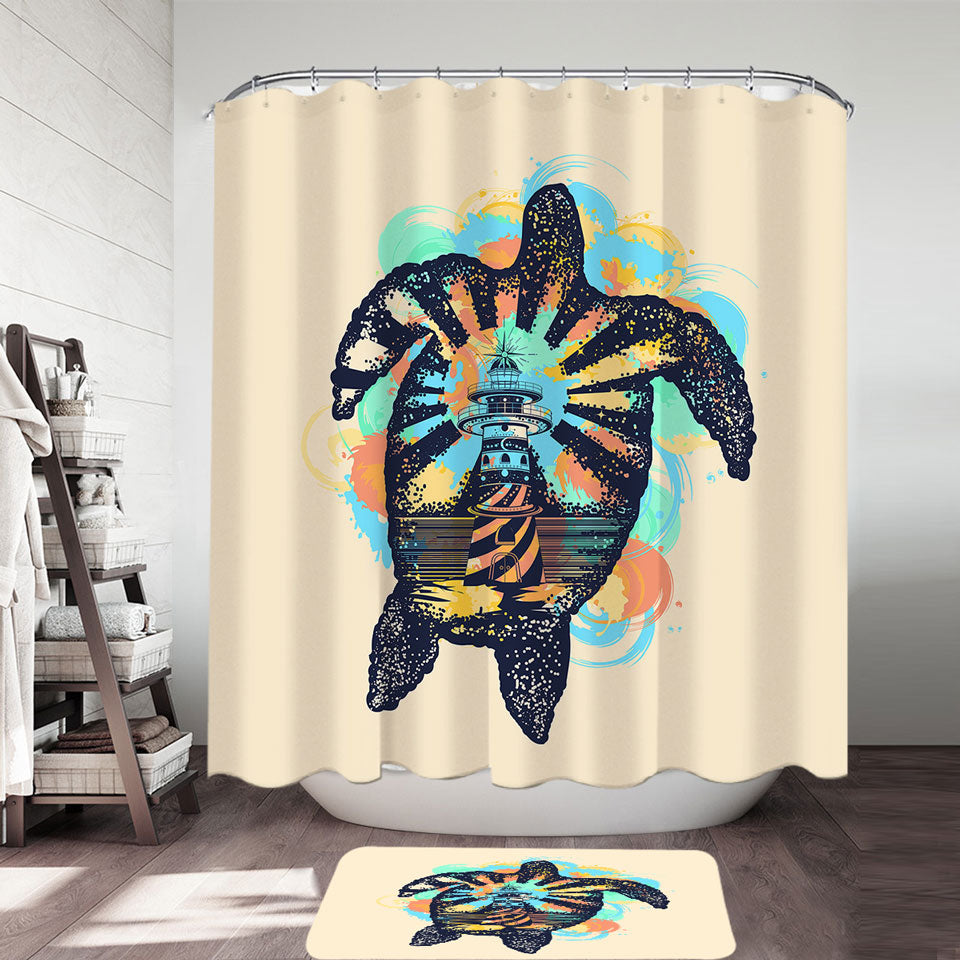 Coastal Shower Curtains Turtle and Lighthouse