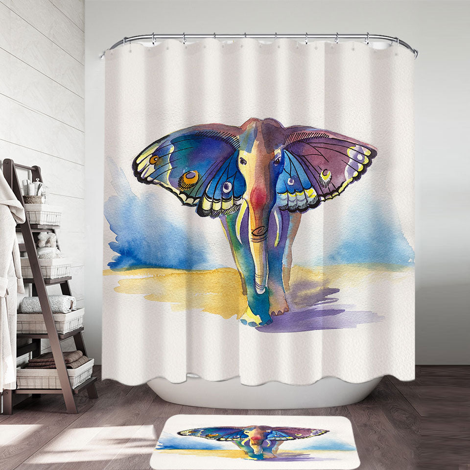 Colorful Artistic Shower Curtain Elephant Meet Butterfly