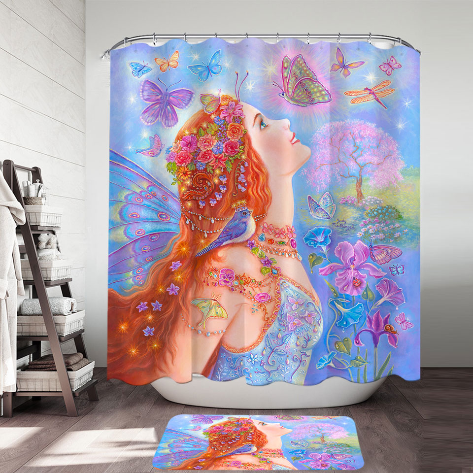 Colorful Fairy Art Butterflies and Flowers Shower Curtains