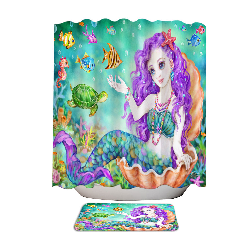 Colorful Fish Seahorse Turtle and Mermaid Shower Curtains