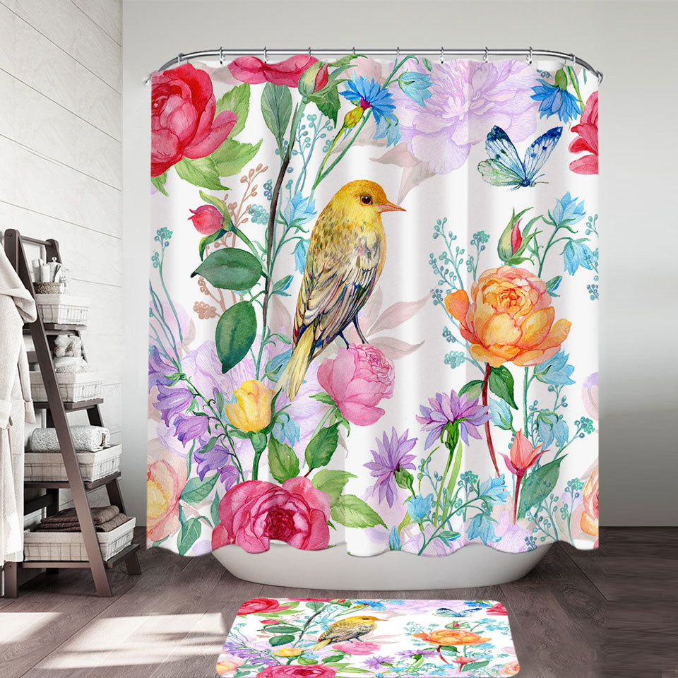 Colorful Flowers and Bird Shower Curtain