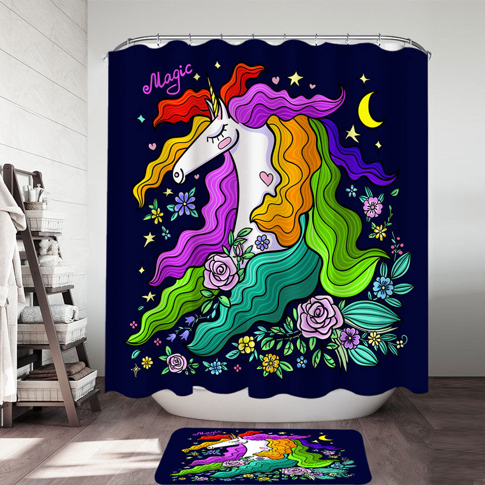 Colorful Long Haired Unicorn Fabric Shower Curtains