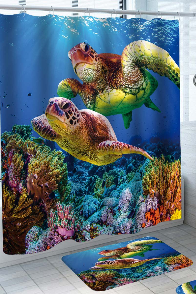 Colorful Reef and Swimming Turtles Bathroom Rug Sets and Shower Curtains