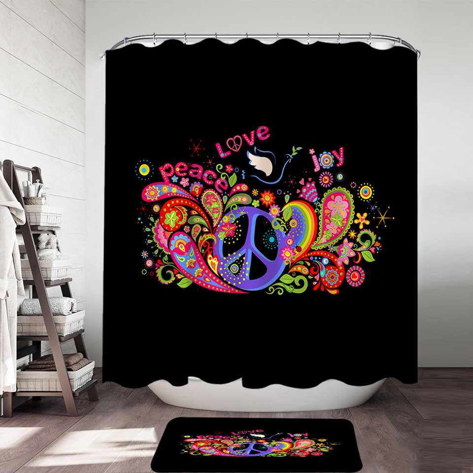 Colorful Retro Shower Curtain Peace Love and Joy