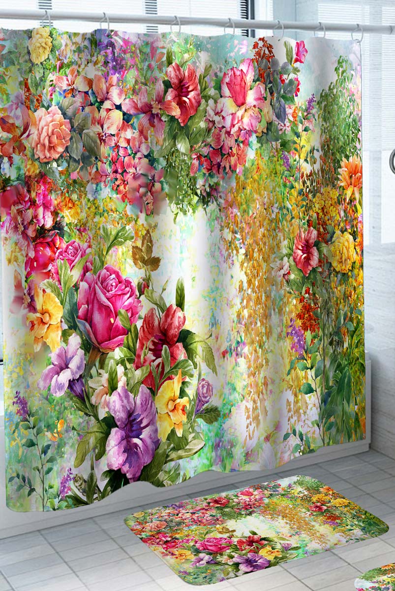 Colorful Roses and Hibiscus Floral Shower Curtain