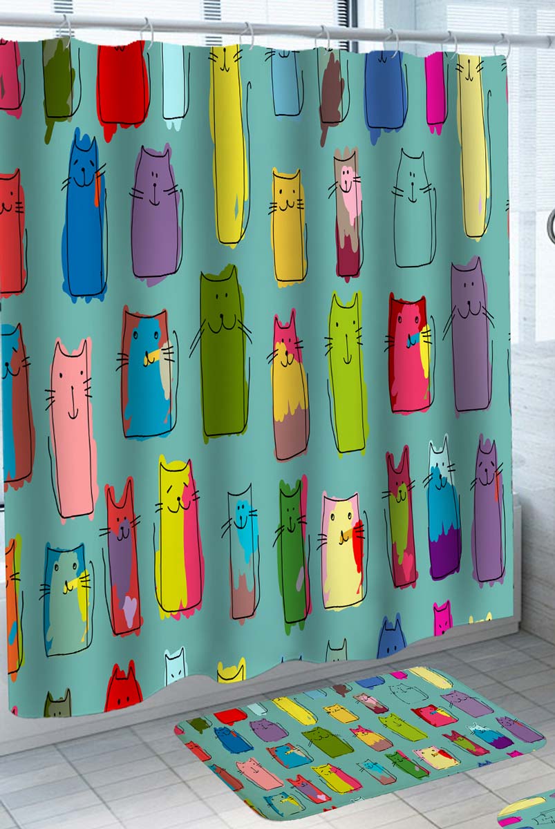 Colorful Shower Curtain Painted Cats Drawings