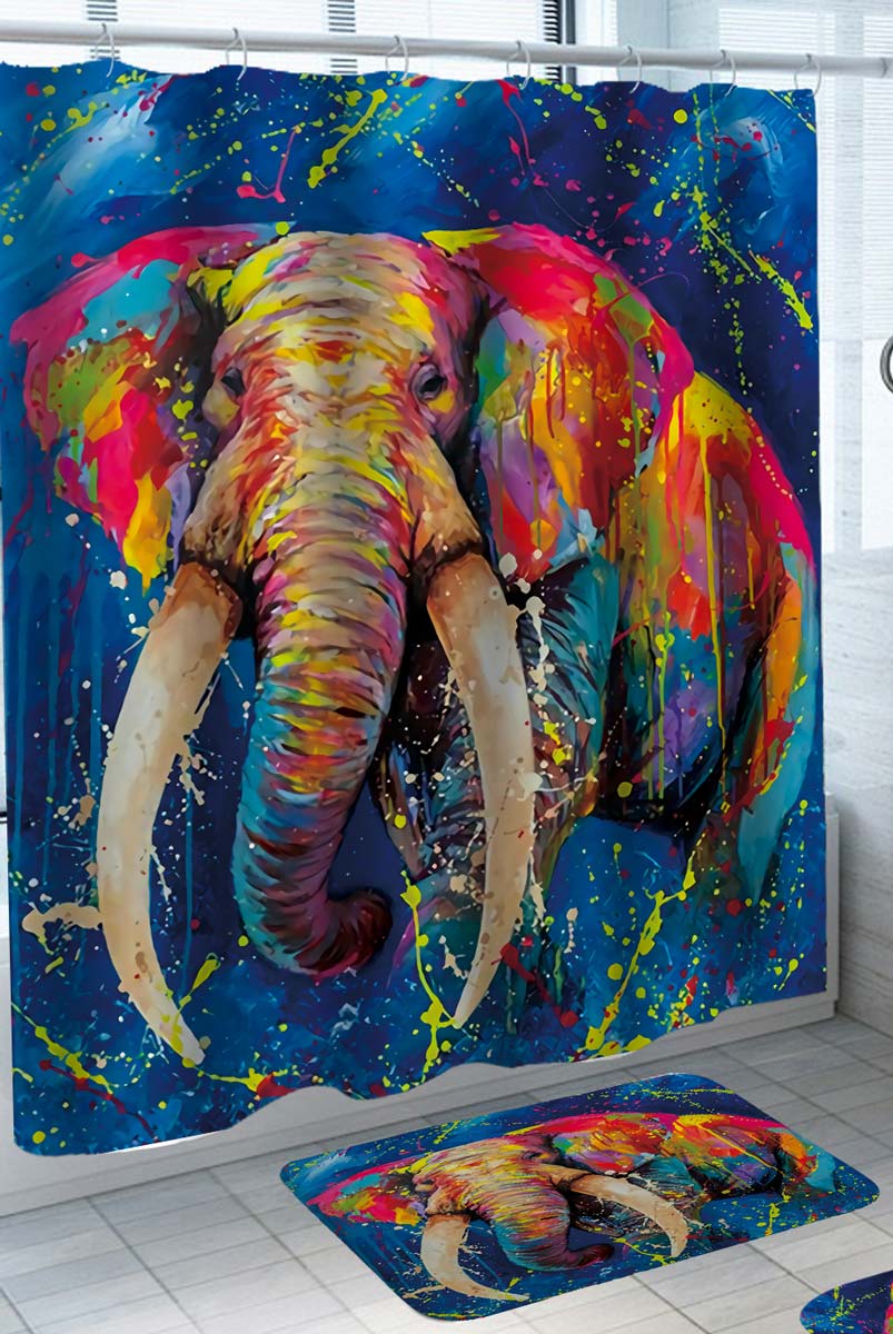 Colorful Shower Curtain and Bath Mat Paint Splashes Elephant