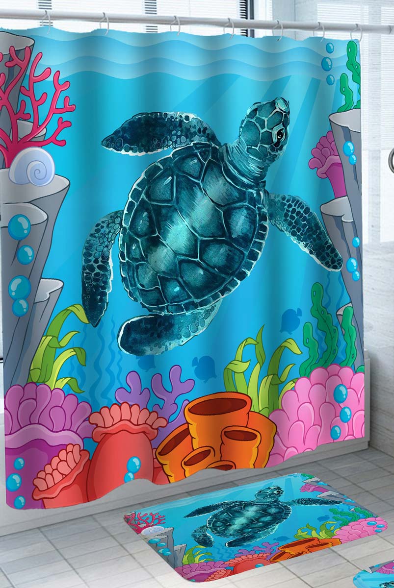 Colorful Shower Curtains Cartoon Reef and Turtle