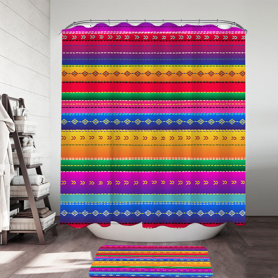 Colorful Shower Curtains Multi Colored pictograms and Stripes