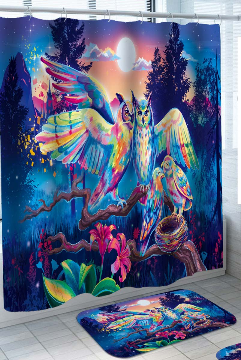 Colorful Shower Curtains Owls Couple and Chicks in the Forest