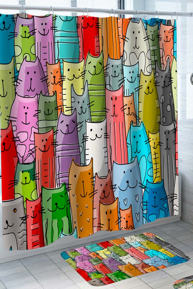 Colorful Shower Curtains Simple Cats Drawings