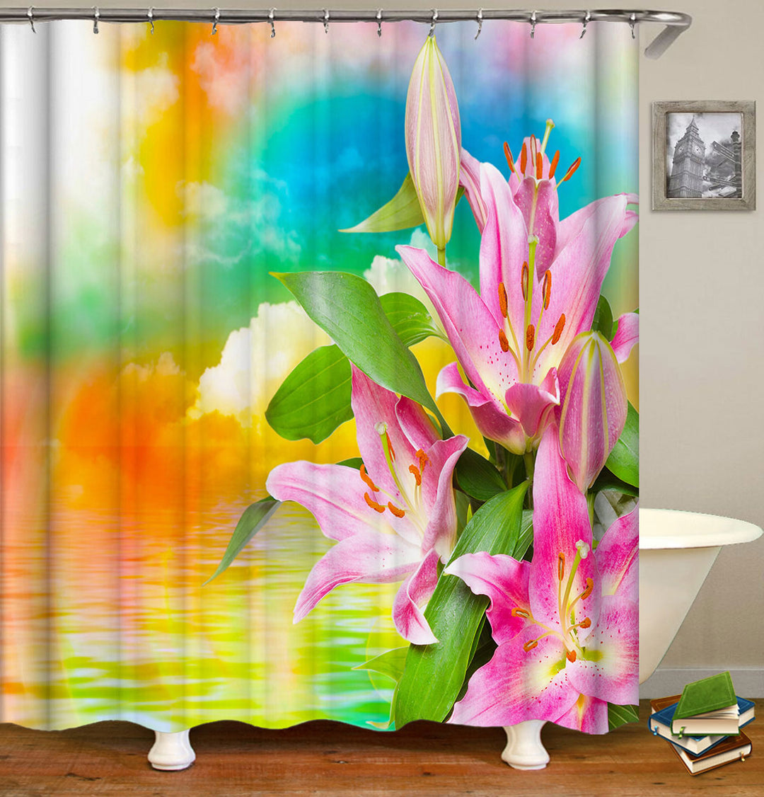 Colorful Shower Curtains Sky and Ocean with Pink Lily Flowers