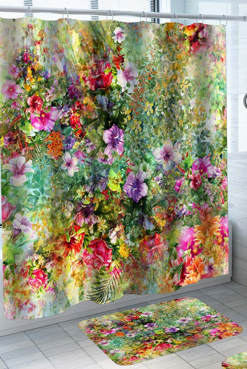Colorful Shower Curtains of Tropical Flowers Garden