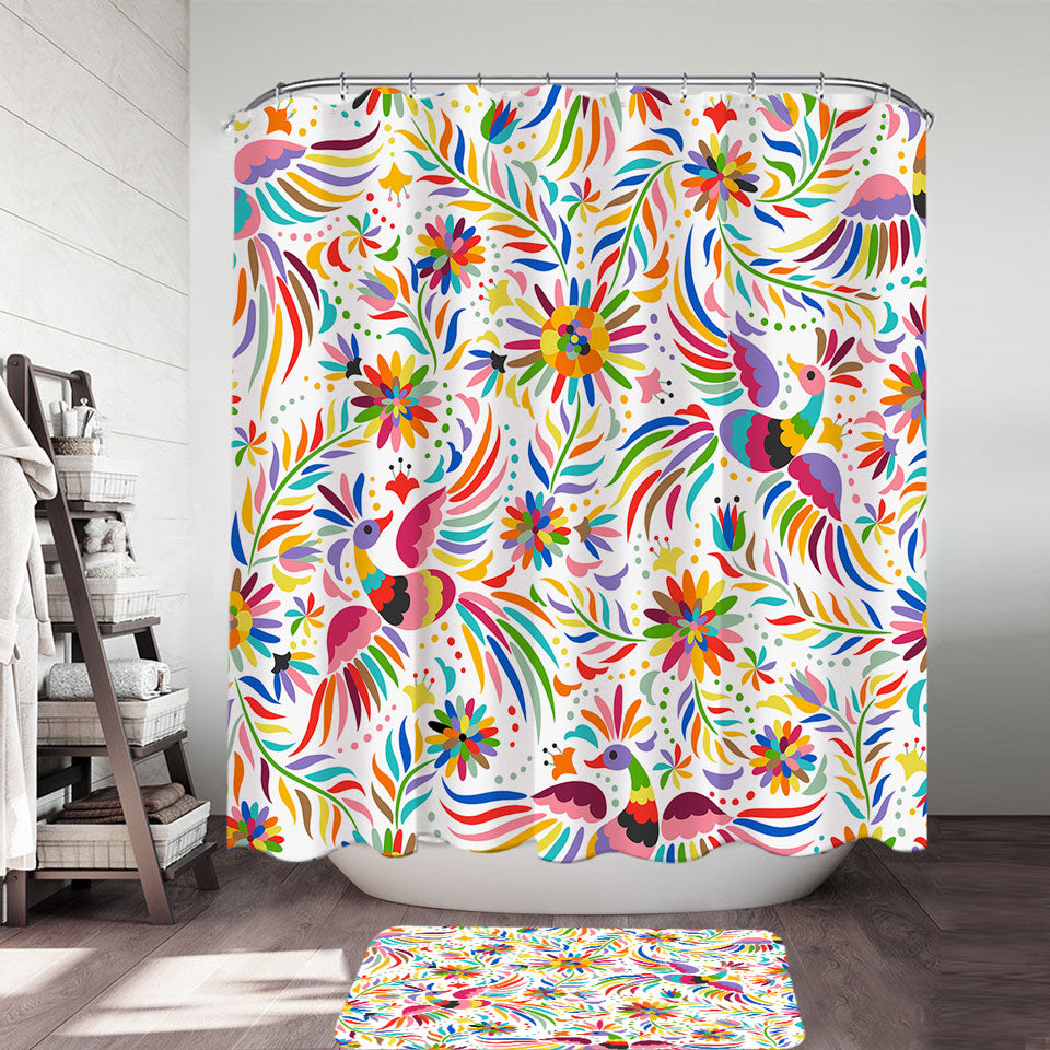 Colorful Shower Curtains with Birds and Flower Drawing