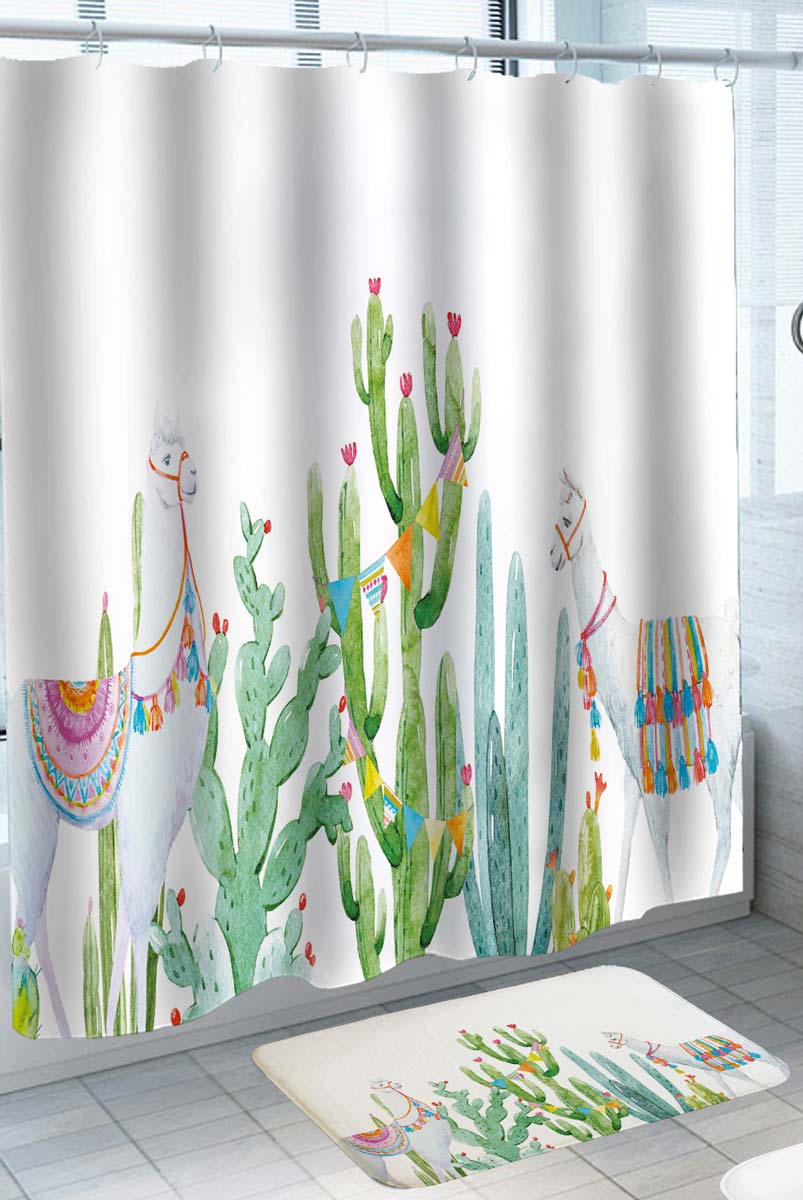 Colorful Shower Curtains with Llamas and Cactus