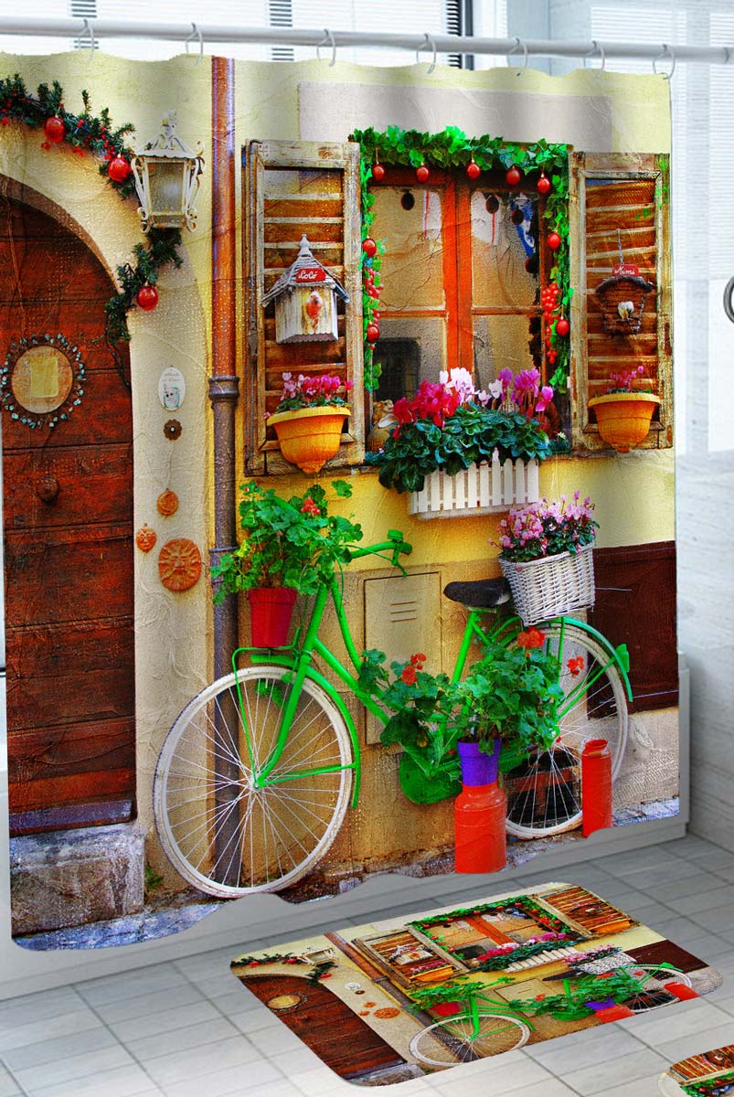 Colorful Shower Curtains with Village House Front