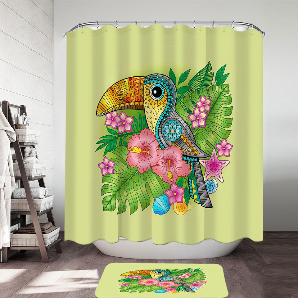 Colorful Tropical Flowers and Toucan Shower Curtain and Bathroom Rug