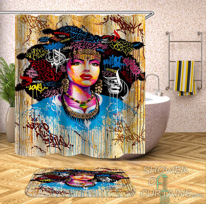 Colorful Graffiti African Girl Shower Curtain - African Thmed Bathroom