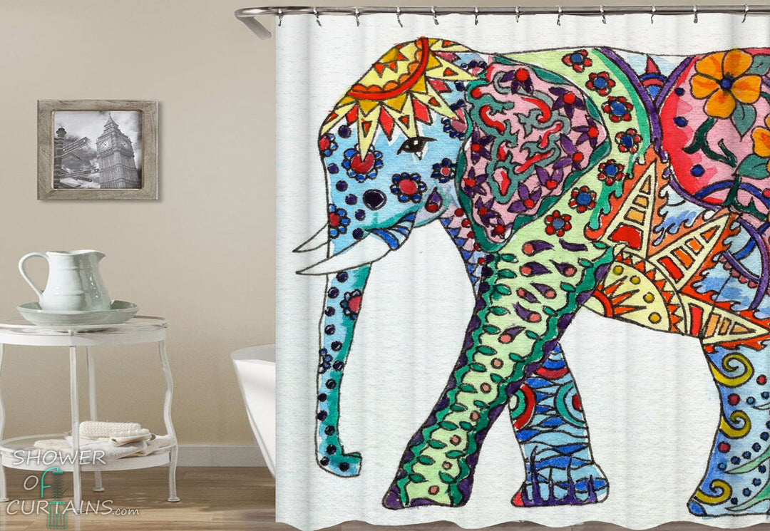 Colorful Ornate Elephant Painting Shower Curtains