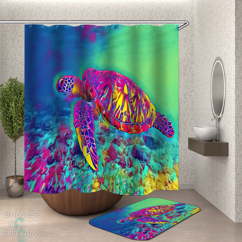 Colorful Shower Curtains - Psychedelic Colored Turtle Shower Curtain