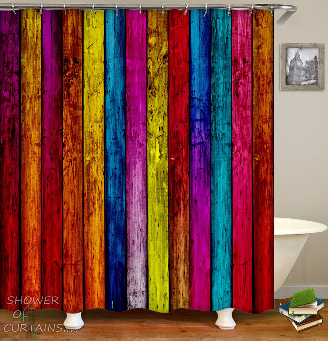 Colorful Shower Curtains of Colorful rough wooden deck