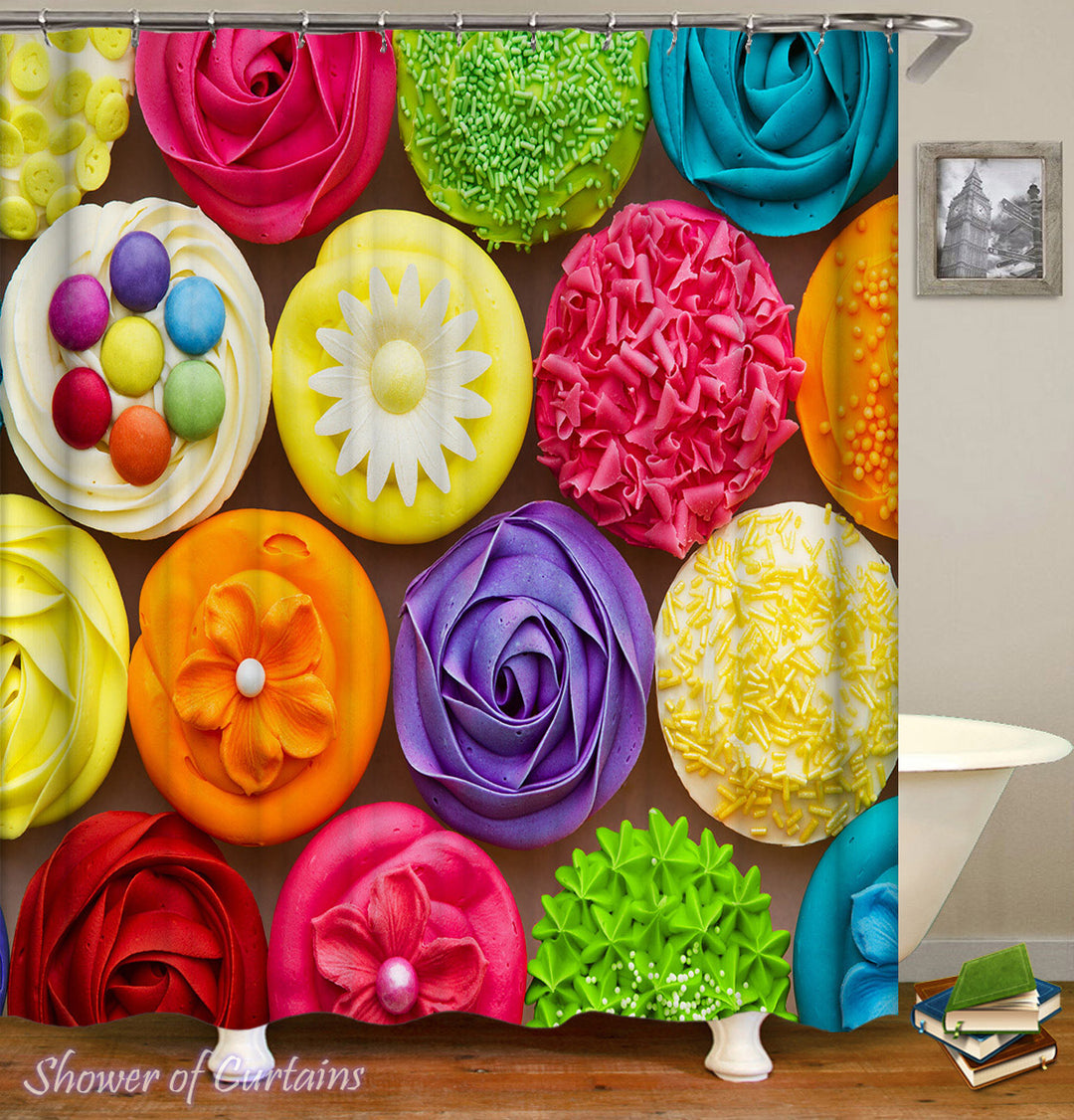 Colorful Shower Curtains of Multi Colored Cupcakes