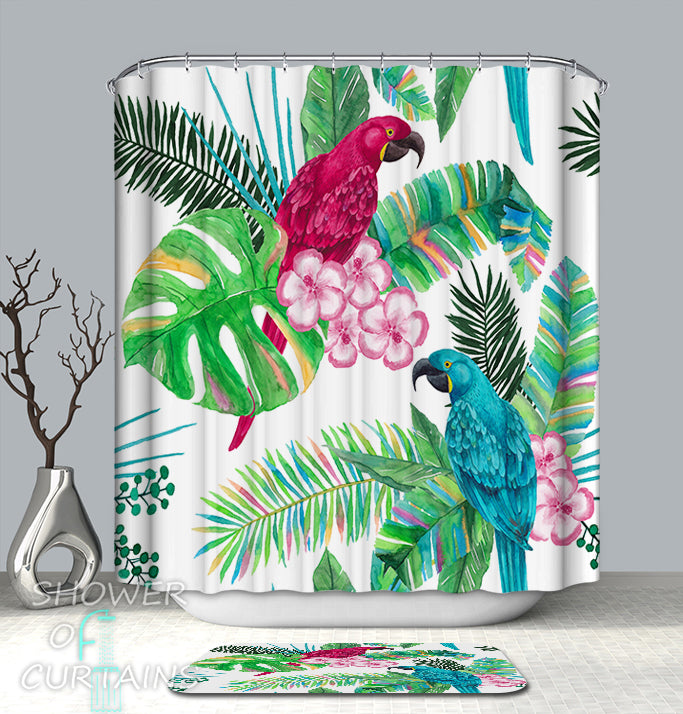 Colorful Tropical Shower Curtains Design of Colorful Parrot And Tropical Leaves Shower Curtain and Bath Mat