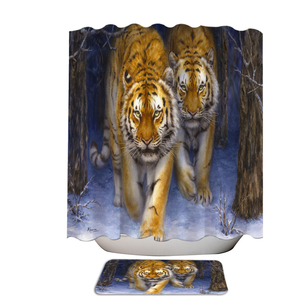Cool Animal Art Two Tigers in the Siberian Forest Shower Curtain