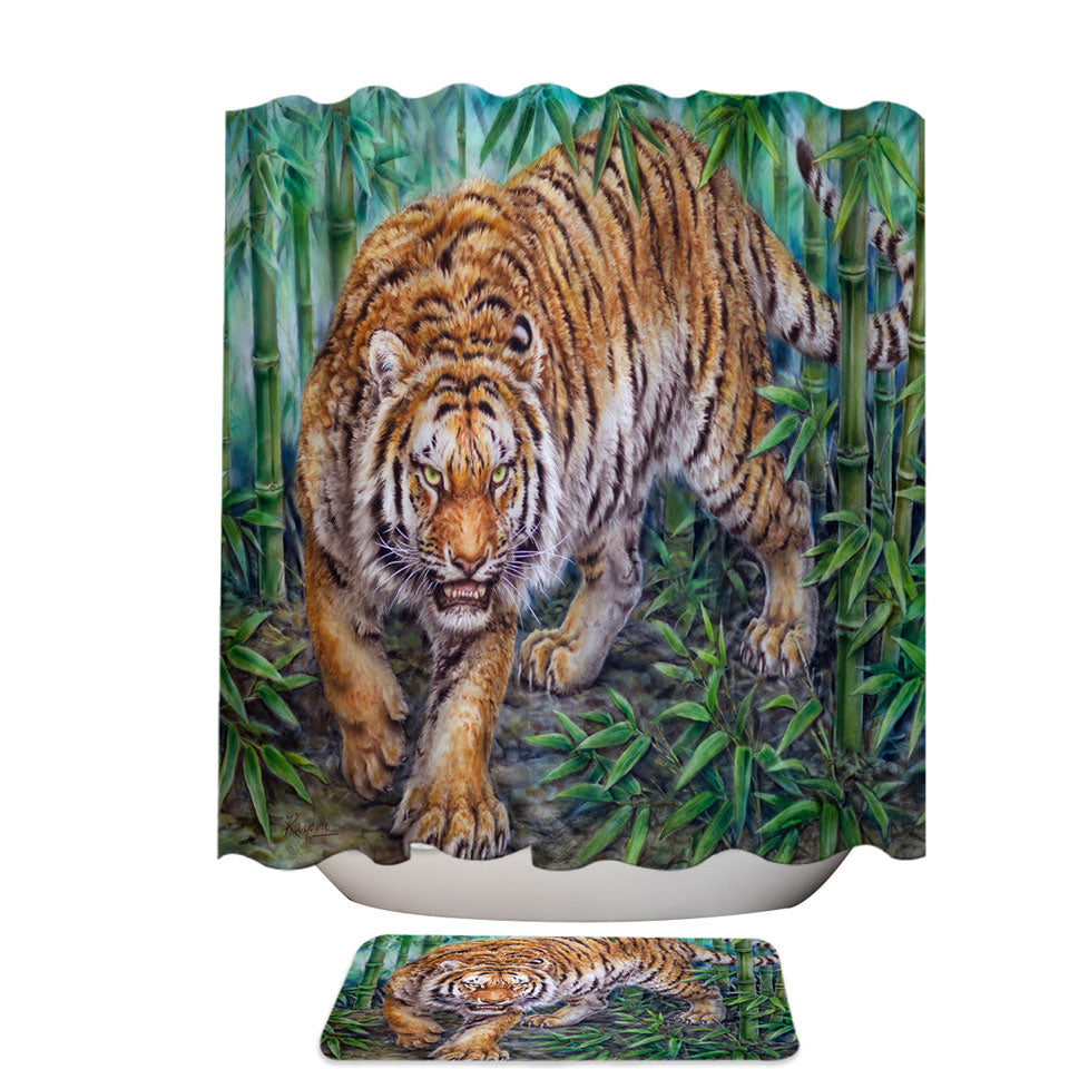 Cool Animal Shower Curtain Art Dangerous Tiger in Bamboo Forest