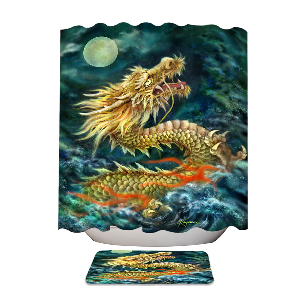 Cool Art Full Moon Ocean Storm Chinese Dragon Fabric Shower Curtain