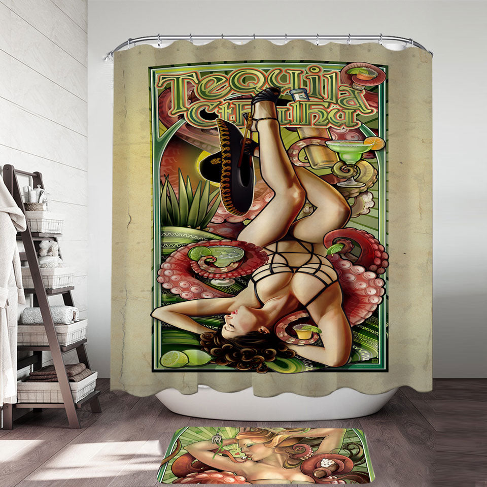 Cool Art Tequila Cthulhu and Sexy Woman Shower Curtains for Mens Bathroom