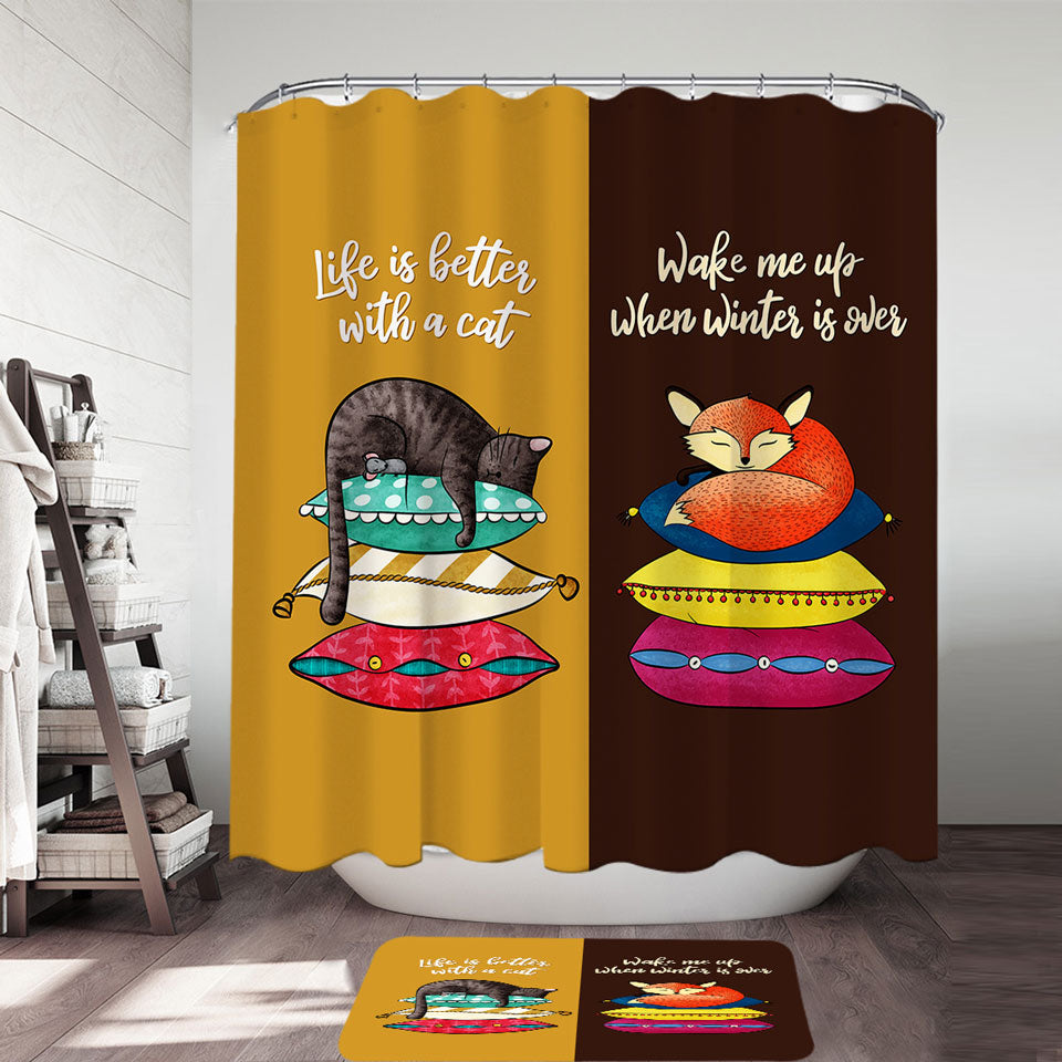 Cool Cat and Fox Shower Curtain with Funny Quote