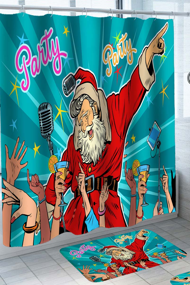 Cool Christmas Shower Curtains and Christmas Bathmat Displays Party with Santa