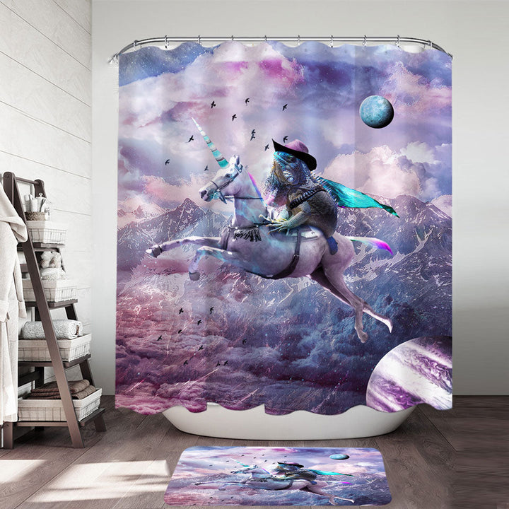 Cool Crazy Shower Curtain Art Dragon Lizard Riding Unicorn