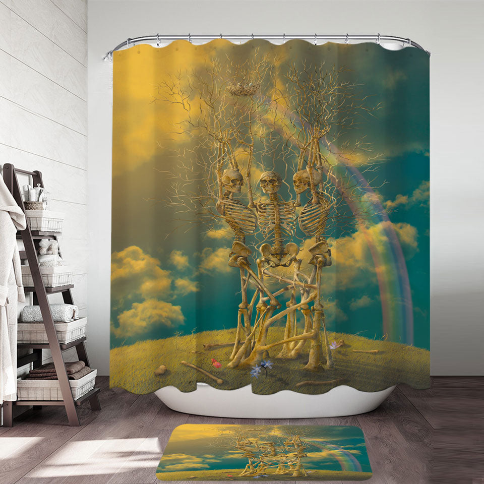 Cool Dark Art Shower Curtains Human Skeletons Tree Under the Rainbow