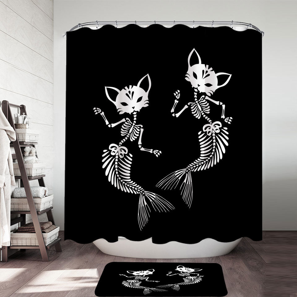 Cool Day of the Dead Shower Curtain Mermaid Cat Skeletons