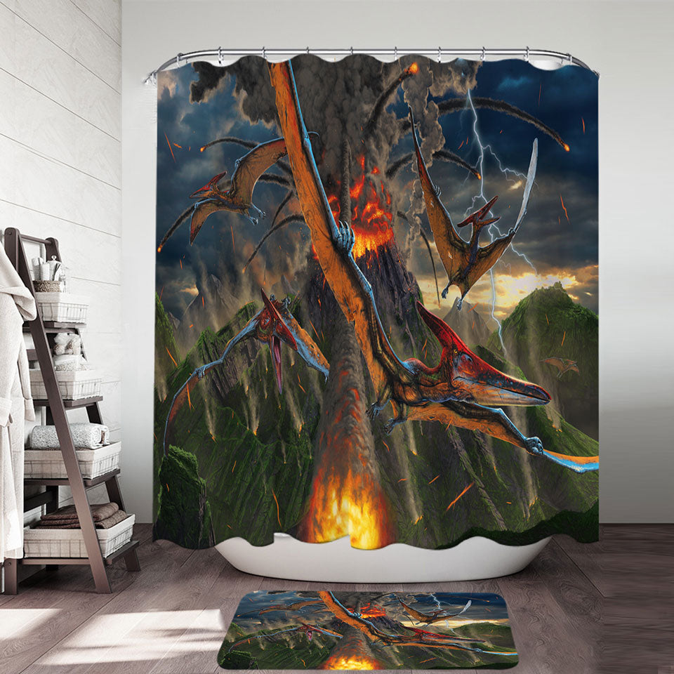 Cool Dinosaurs Art Volcano Shower Curtain