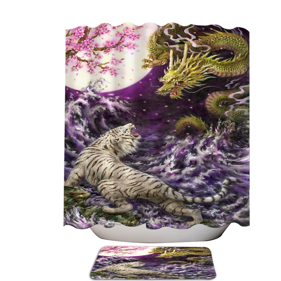 Cool Fabric Shower Curtain Painting Moonlight Battle Tiger vs Dragon