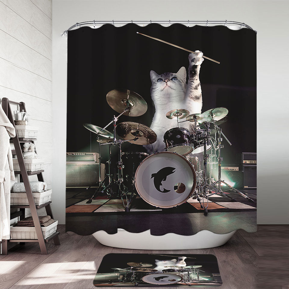 Cool Fantasy Animals Drumming Drummer Cat Trendy Shower Curtains