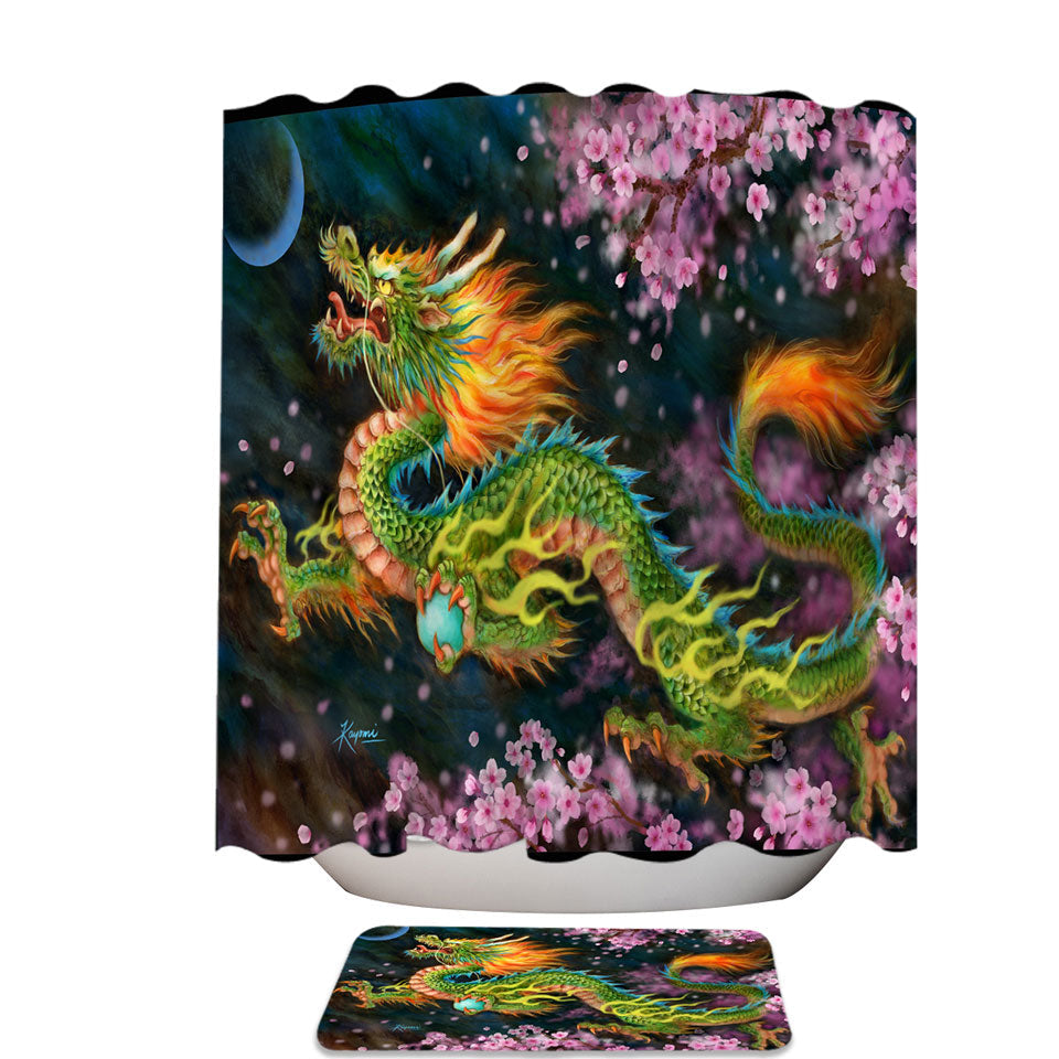 Cool Fantasy Art Cherry Blossom Dragon Fabric Shower Curtains and Bathroom Rugs