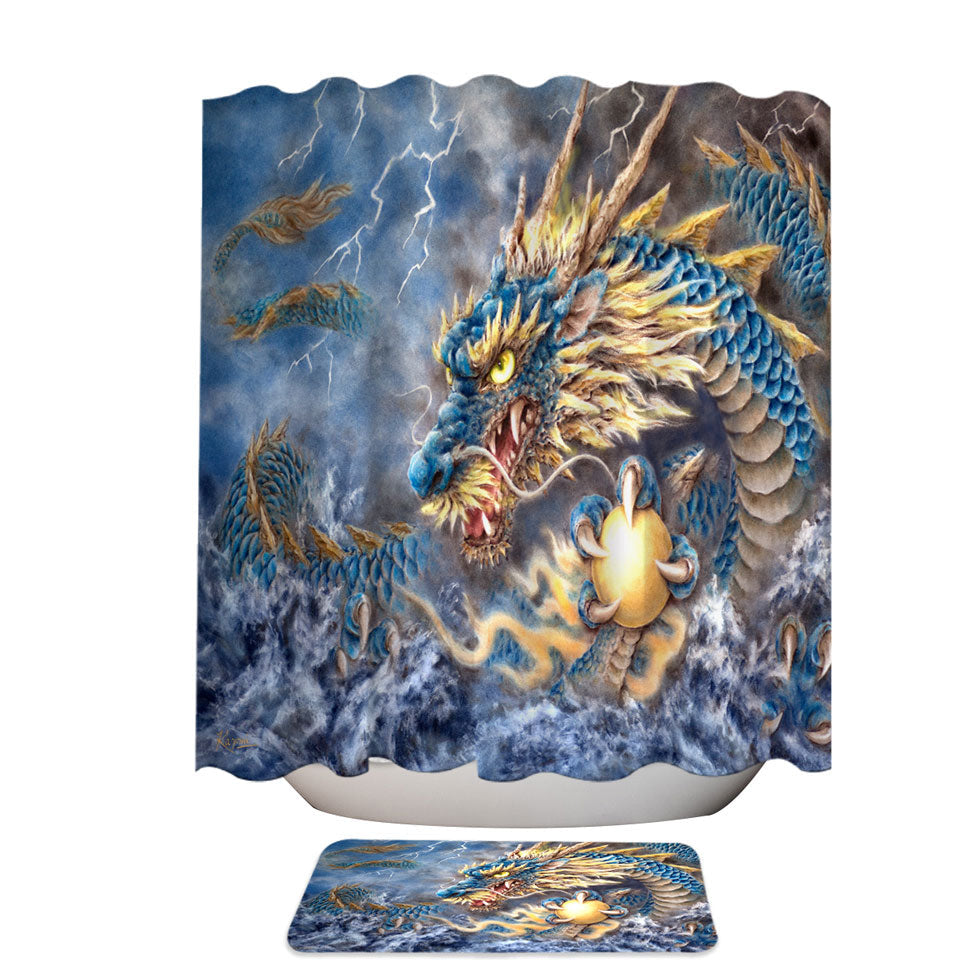 Cool Fantasy Art Ocean Storm Blue Dragon Shower Curtain and Bathroom Rug