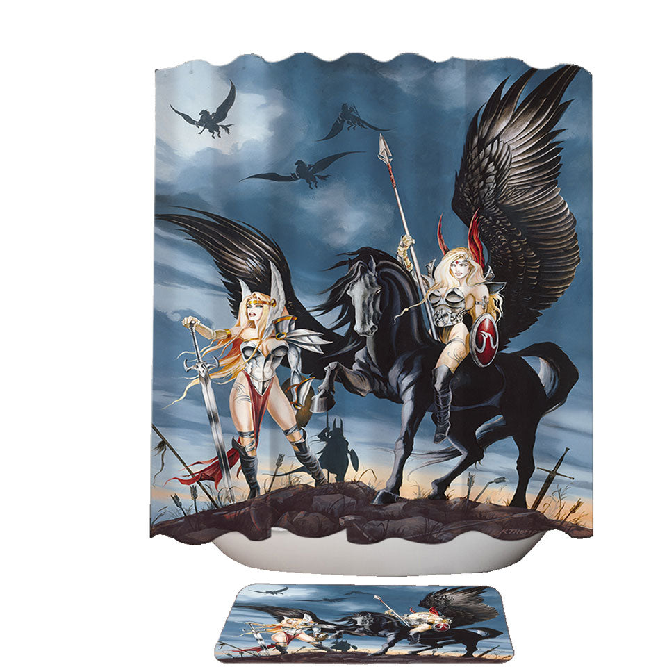 Cool Fantasy Art Pegasus Women Warriors Shower Curtain