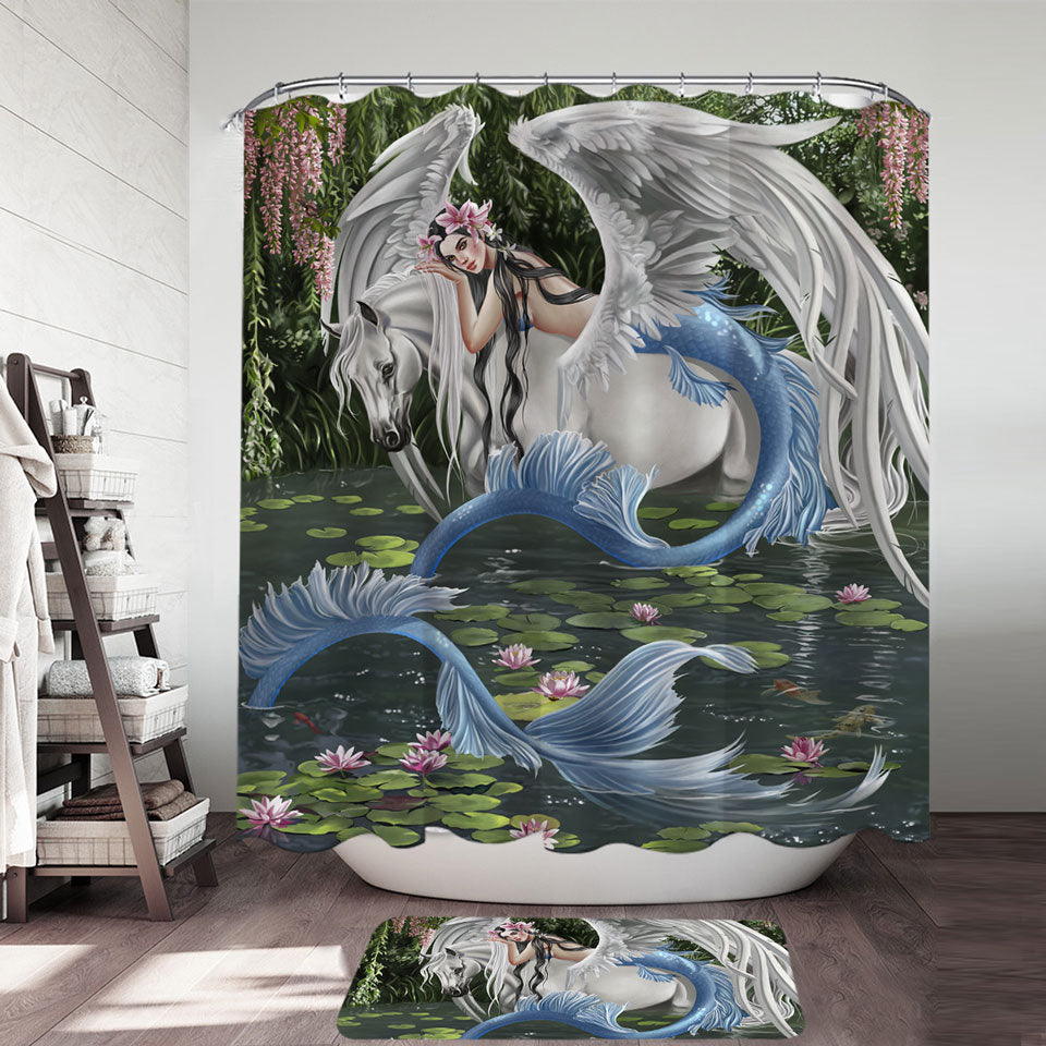 Cool Fantasy Art Pegasus and Water Lilies Pond Mermaid Shower Curtain