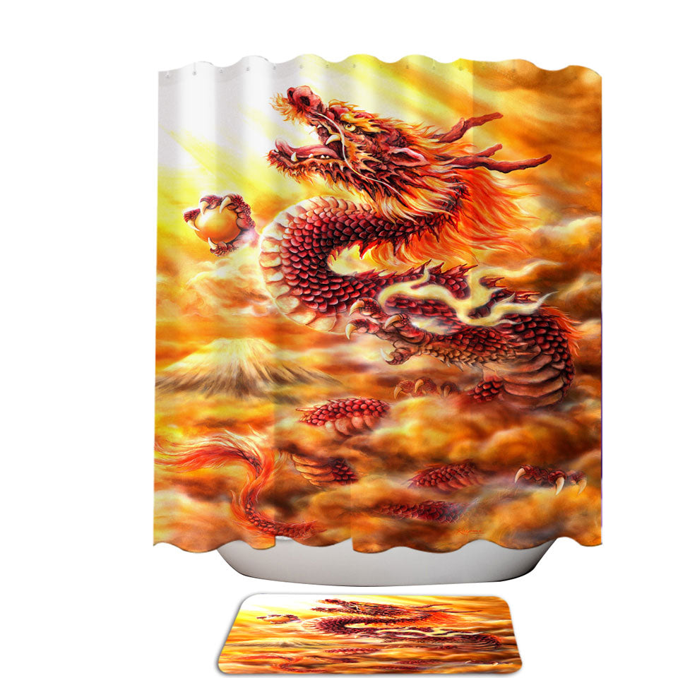 Cool Fantasy Art Red Clouds Dragon Shower Curtains and Bathroom Rugs
