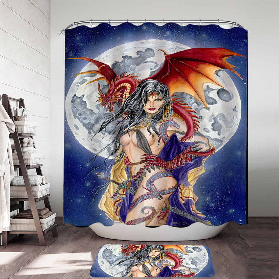 Cool Fantasy Art Sexy Warrior Shower Curtain Lady and Her Moon Dragon
