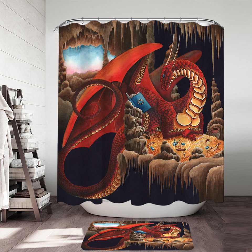 Cool Fantasy Art Shower Curtain with Dragon Reading a Book